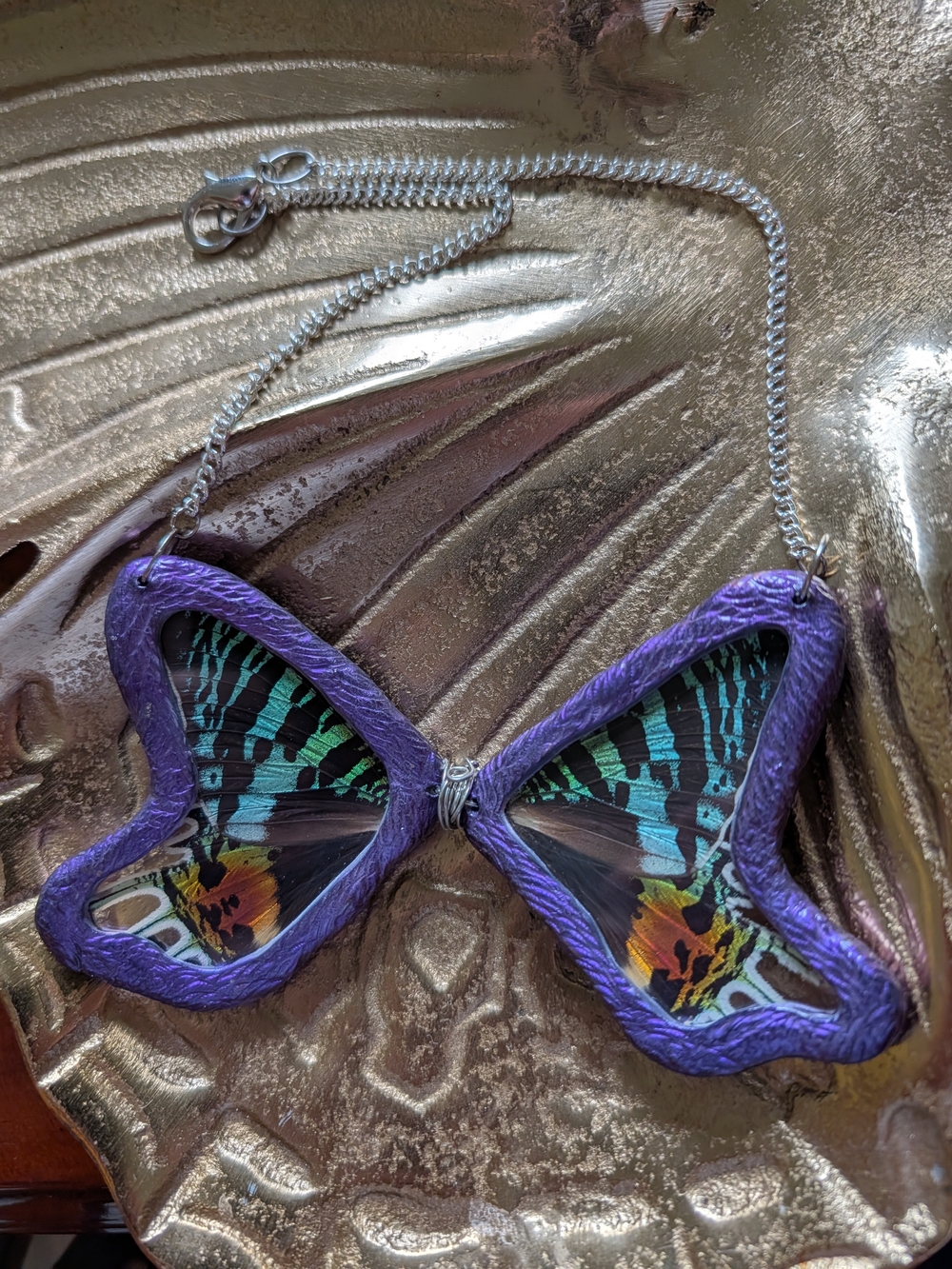 Hand Crafted Purple Butterfly Wing Necklace with Teal and Orange Accents